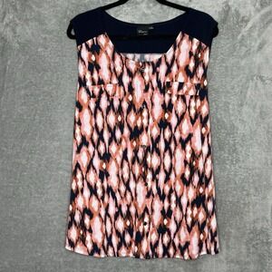 Elle McCarthy 2X Tank Top Shirt Pink Geometric Button Up Sleeveless Scoop Neck